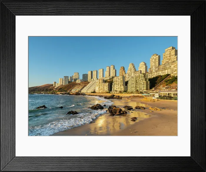 Framed Print : Residential high-rise buildings at Playa Cochoa at sunset, Vina del Mar, Valparaiso Province, Valparaiso Region, Chile Framed Print : Residential high-rise buildings at Playa Cochoa at sunset, Vina del Mar, Valparaiso Province, Valparaiso Region, Chile