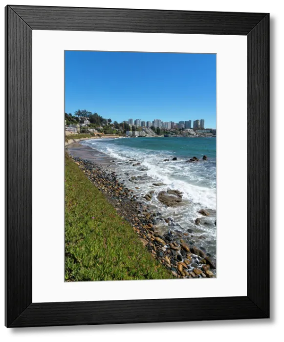 Framed Print : Waves crashing on rocks at Playa Bahamas, Concon, Valparaiso Province, Valparaiso Region, Chile Framed Print : Waves crashing on rocks at Playa Bahamas, Concon, Valparaiso Province, Valparaiso Region, Chile