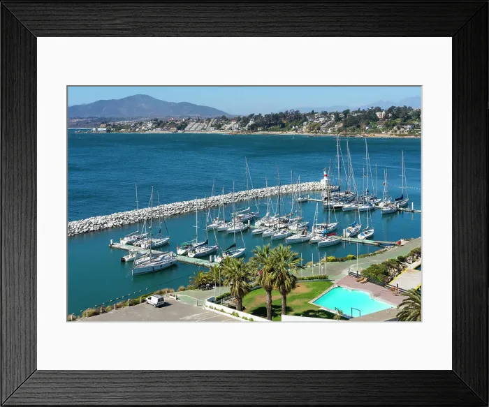 Framed Print : Elevated view of boats at Caleta Higuerillas, Concon, Valparaiso Province, Valparaiso Region, Chile