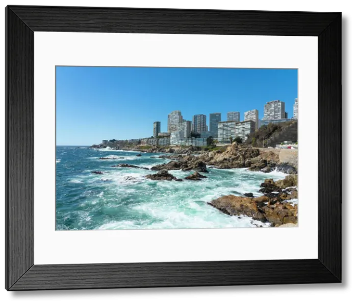 Framed Print : Seascape of residential high-rise buildings by rocky coast, Concon, Valparaiso Province, Valparaiso Region, Chile Framed Print : Seascape of residential high-rise buildings by rocky coast, Concon, Valparaiso Province, Valparaiso Region, Chile
