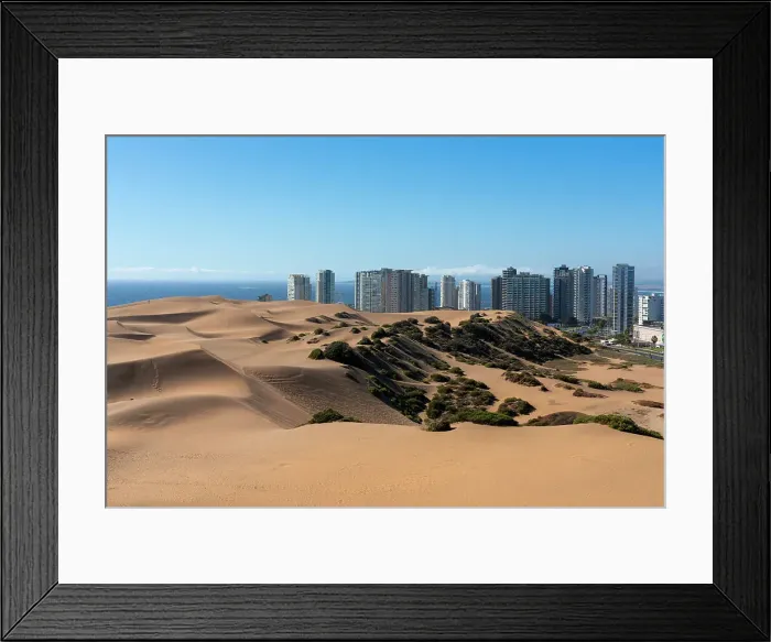 Framed Print : Sand dunes and residential high-rise buildings, Concon, Valparaiso Province, Valparaiso Region, Chile Framed Print : Sand dunes and residential high-rise buildings, Concon, Valparaiso Province, Valparaiso Region, Chile