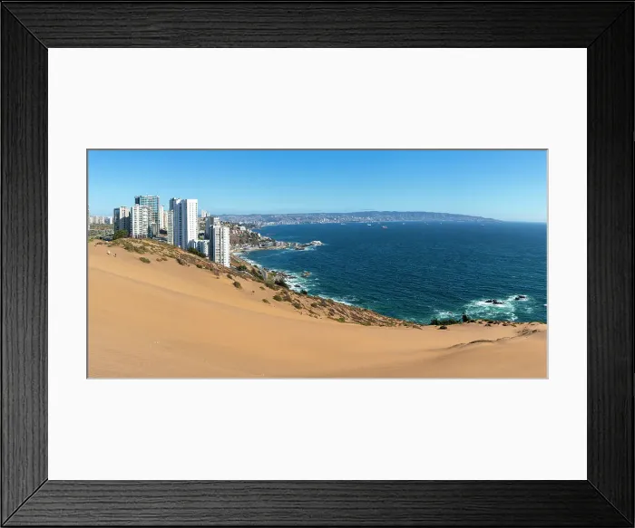 Framed Print : Sand dunes with high-rise buildings on coast and distant view of Vina del Mar and Valparaiso, Concon, Valparaiso Province, Valparaiso Region, Chile Framed Print : Sand dunes with high-rise buildings on coast and distant view of Vina del Mar and Valparaiso, Concon, Valparaiso Province, Valparaiso Region, Chile