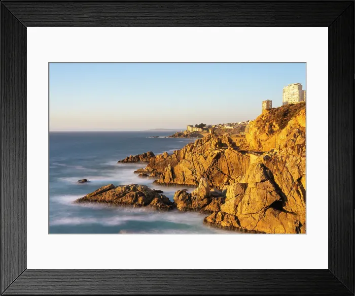 Framed Print : Seascape of rock formations by Roca Oceanica at sunset, Concon, Valparaiso Province, Valparaiso Region, Chile Framed Print : Seascape of rock formations by Roca Oceanica at sunset, Concon, Valparaiso Province, Valparaiso Region, Chile