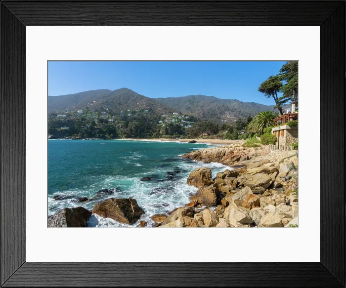 Framed Print : Rocky coast at Zapallar beach on sunny day, Zapallar, Petorca Province, Valparaiso Region, Chile