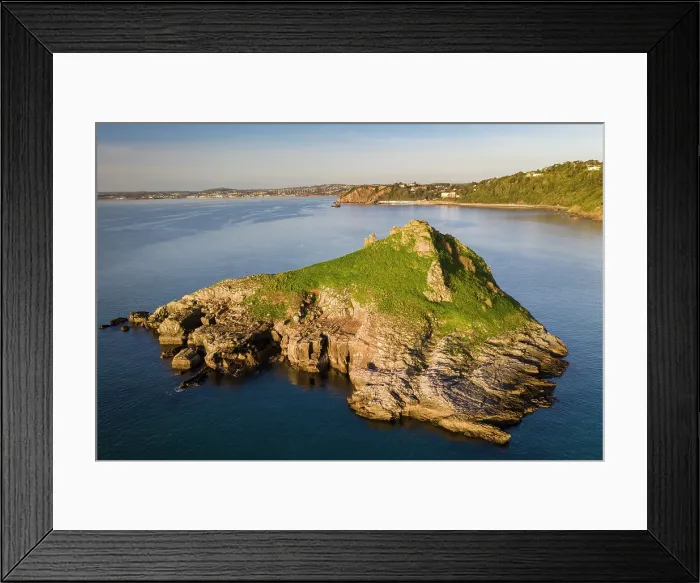 Framed Print : Aerial view of Thatcher Rock island off the coast of Torquay, Devon, England. Winter (February) 2022 Framed Print : Aerial view of Thatcher Rock island off the coast of Torquay, Devon, England. Winter (February) 2022