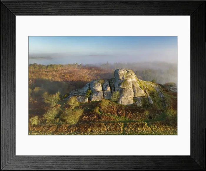 Framed Print : Aerial view of Blackingstone Rock on a misty winter morning, Dartmoor National Park, Devon, England. Winter (March) 2022 Framed Print : Aerial view of Blackingstone Rock on a misty winter morning, Dartmoor National Park, Devon, England. Winter (March) 2022
