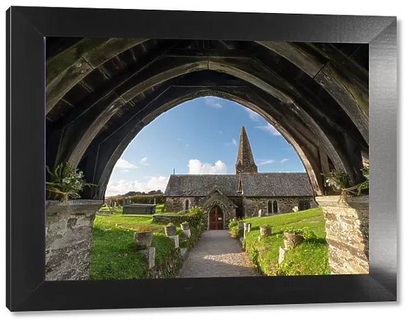 St Enodoc Church through the Lychgate, Trebetherick, Cornwall, England. Spring (April) 2022