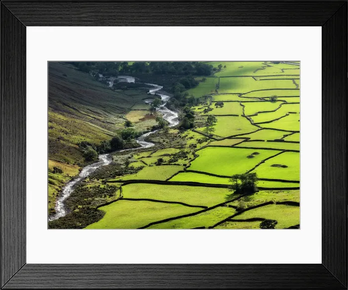 Framed Print : Sunlight illuminating fields and drystone walls at Wasdale Head from Great Gable, Lake District National Park, Cumbria, England, UK Framed Print : Sunlight illuminating fields and drystone walls at Wasdale Head from Great Gable, Lake District National Park, Cumbria, England, UK