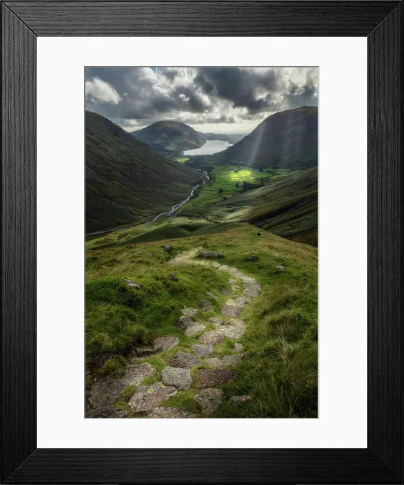 Framed Print : Mountain path leading towards Wasdale Head and Wast Water from Great Gable, Lake District National Park, Cumbria, England, UK Framed Print : Mountain path leading towards Wasdale Head and Wast Water from Great Gable, Lake District National Park, Cumbria, England, UK