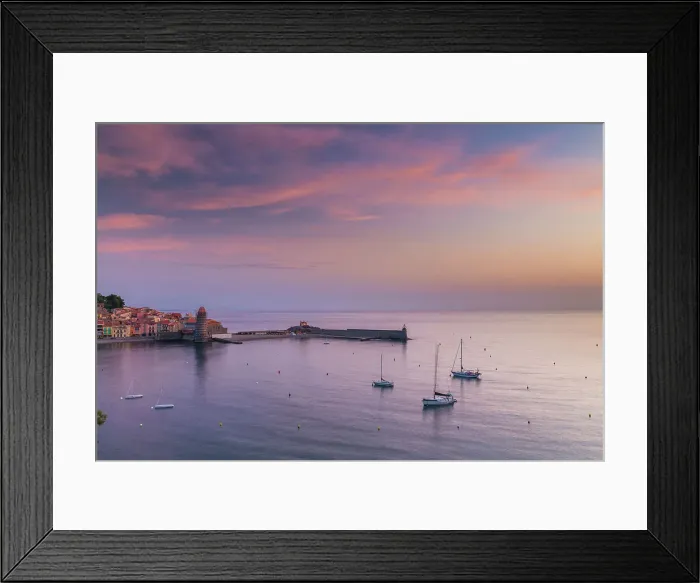 Framed Print : Collioure Bay at Sunrise, Pyrenees Orientales, Occitanie Region, France
