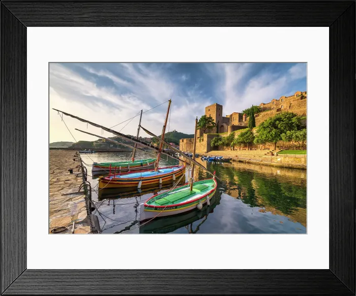 Framed Print : Colourful Fishing Boats & Royal Castle, Collioure, Pyrenees Orientales, Occitanie Region, France