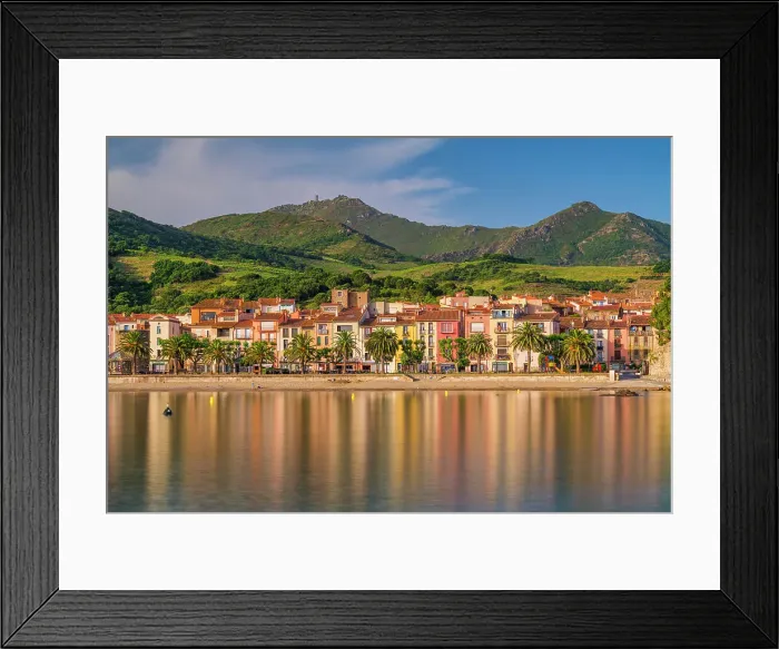 Framed Print : Collioure reflecting in bay, Pyrenees Orientales, Occitanie Region, France