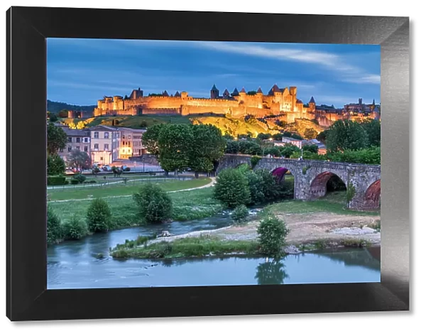 Medieval walled city of Carcassonne & River Aude, UNESCO World Heritage site, Aude, Occitanie, France