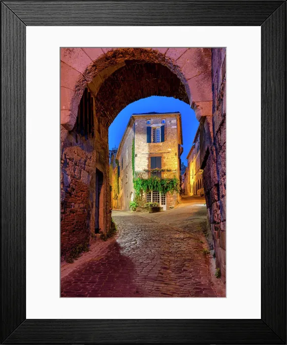 Framed Print : Medieval Gateway at Night, Cordes-sur-Ciel, Tarn, Occitanie, France Framed Print : Medieval Gateway at Night, Cordes-sur-Ciel, Tarn, Occitanie, France