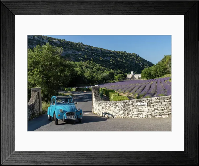 Framed Print : France, Provence-Alpes-Cote d Azur, Gordes, Citroen 2CV in front of Senanque abbey (abbaie de Senanque) & field of lavender Framed Print : France, Provence-Alpes-Cote d Azur, Gordes, Citroen 2CV in front of Senanque abbey (abbaie de Senanque) & field of lavender
