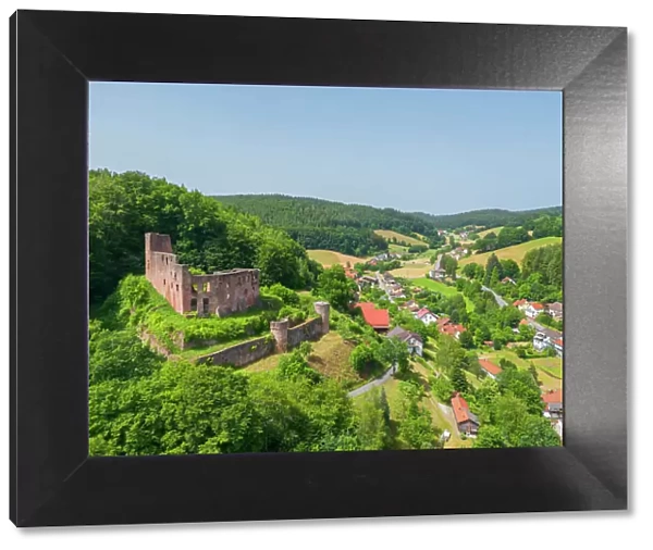 Aerial view at Freienstein castle, Odenwald, Hesse, Germany