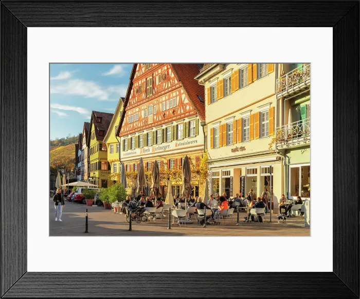 Framed Print : Street cafes at Kielmeyer House at the marketplace, Esslingen am Neckar, Baden Wurttemberg, Germany