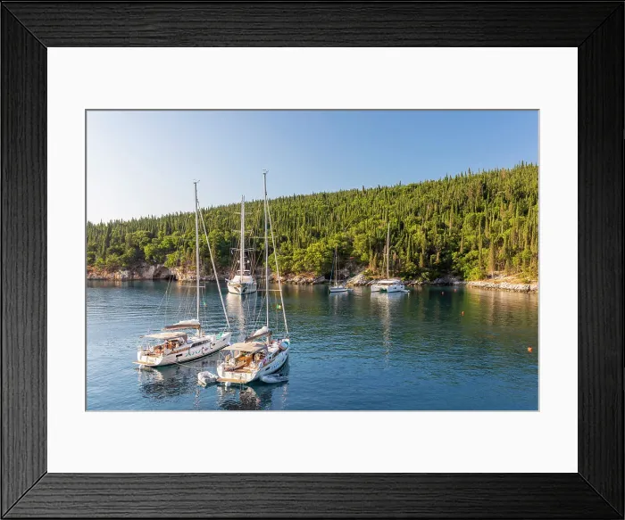 Framed Print : Sailing boats at Foki Bay, Fiskardo, Kefalonia, Ionian Islands, Greece Framed Print : Sailing boats at Foki Bay, Fiskardo, Kefalonia, Ionian Islands, Greece