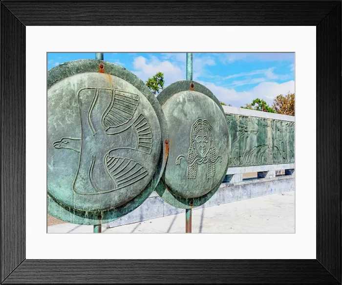 Framed Print : Shields with Falcon and Gorgon Medusa embossments, Monument of Alexander the Great, Thessaloniki, Central Macedonia, Greece Framed Print : Shields with Falcon and Gorgon Medusa embossments, Monument of Alexander the Great, Thessaloniki, Central Macedonia, Greece