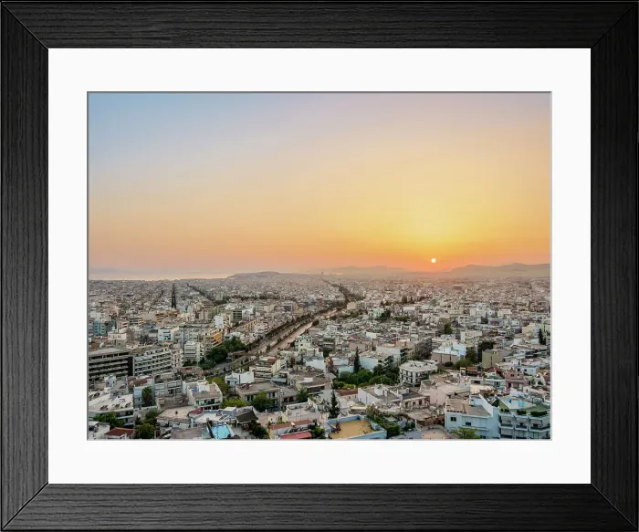 Framed Print : View from Philopappos Hill towards Kallithea at sunset, Athens, Attica, Greece Framed Print : View from Philopappos Hill towards Kallithea at sunset, Athens, Attica, Greece