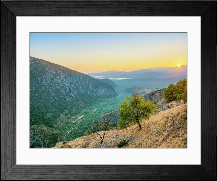 Framed Print : View over the Pleistos River Valley towards the Gulf of Corinth at sunset, Delphi, Phocis, Greece Framed Print : View over the Pleistos River Valley towards the Gulf of Corinth at sunset, Delphi, Phocis, Greece