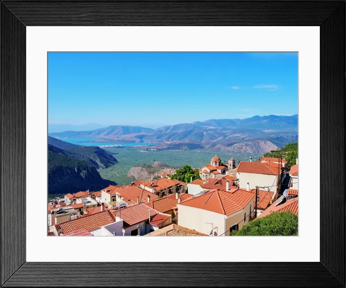 Framed Print : View over Delphi Town and Pleistos River Valley towards the Gulf of Corinth, Delphi, Phocis, Greece Framed Print : View over Delphi Town and Pleistos River Valley towards the Gulf of Corinth, Delphi, Phocis, Greece