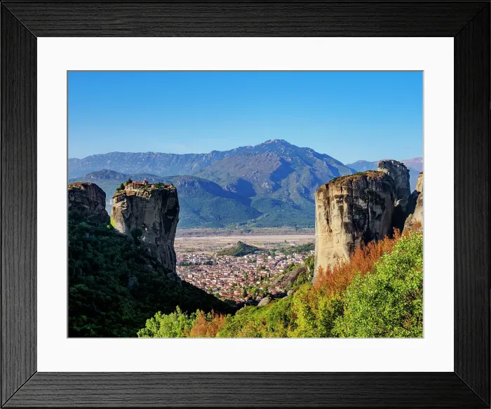 Framed Print : View towards the Monastery of the Holy Trinity and Kalabaka, Meteora, Thessaly, Greece Framed Print : View towards the Monastery of the Holy Trinity and Kalabaka, Meteora, Thessaly, Greece