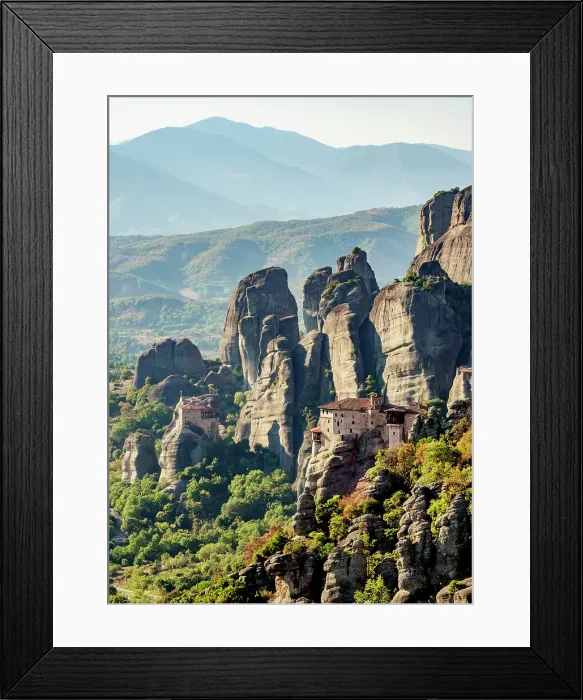 Framed Print : Monasteries of Rousanou and Saint Nicholas Anapafsas, elevated view, Meteora, Thessaly, Greece