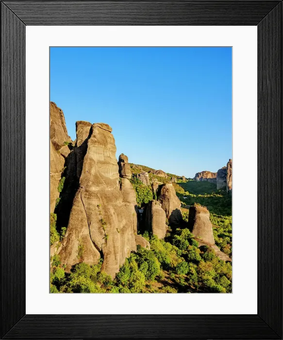 Framed Print : View towards Monasteries of Saint Nicholas Anapafsas and Rousanou at sunset, Meteora, Thessaly, Greece Framed Print : View towards Monasteries of Saint Nicholas Anapafsas and Rousanou at sunset, Meteora, Thessaly, Greece