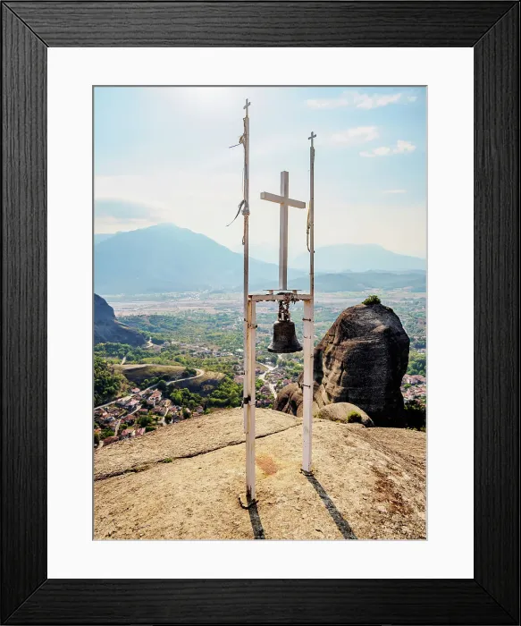 Framed Print : Cross with a bell at the top of the Holy Spirit Rock, Meteora, Thessaly, Greece Framed Print : Cross with a bell at the top of the Holy Spirit Rock, Meteora, Thessaly, Greece