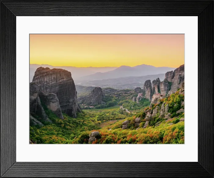 Framed Print : View towards Monasteries of Rousanou and Saint Nicholas Anapafsas at dusk, Meteora, Thessaly, Greece Framed Print : View towards Monasteries of Rousanou and Saint Nicholas Anapafsas at dusk, Meteora, Thessaly, Greece