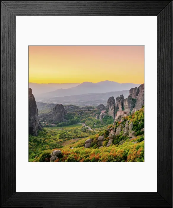 Framed Print : View towards Monasteries of Rousanou and Saint Nicholas Anapafsas at dusk, Meteora, Thessaly, Greece Framed Print : View towards Monasteries of Rousanou and Saint Nicholas Anapafsas at dusk, Meteora, Thessaly, Greece