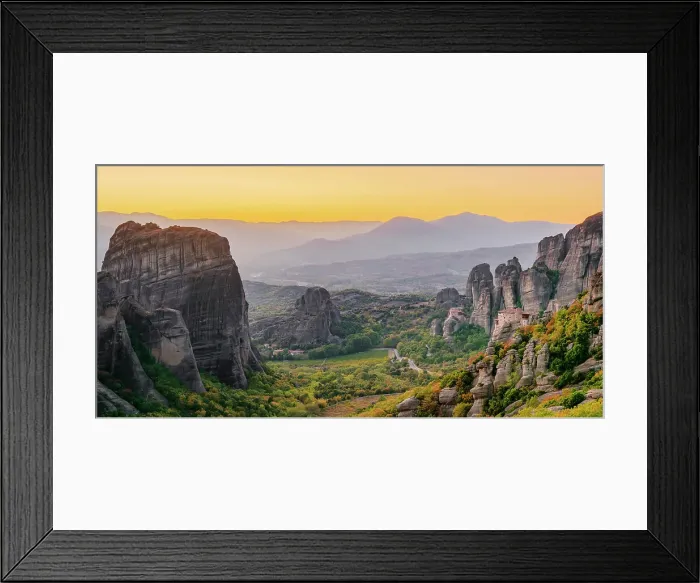 Framed Print : View towards Monasteries of Rousanou and Saint Nicholas Anapafsas at dusk, Meteora, Thessaly, Greece Framed Print : View towards Monasteries of Rousanou and Saint Nicholas Anapafsas at dusk, Meteora, Thessaly, Greece