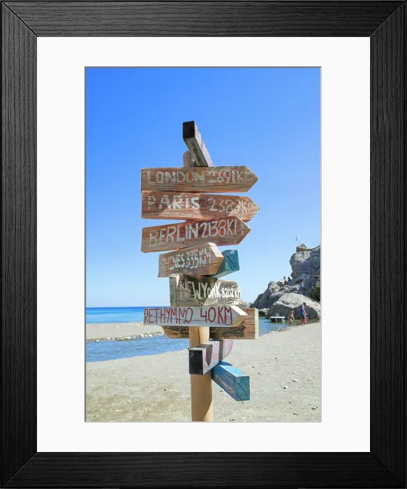 Framed Print : All directions sign post on beach, Preveli beach, Rethymno, Crete, Greek Islands, Greece Framed Print : All directions sign post on beach, Preveli beach, Rethymno, Crete, Greek Islands, Greece