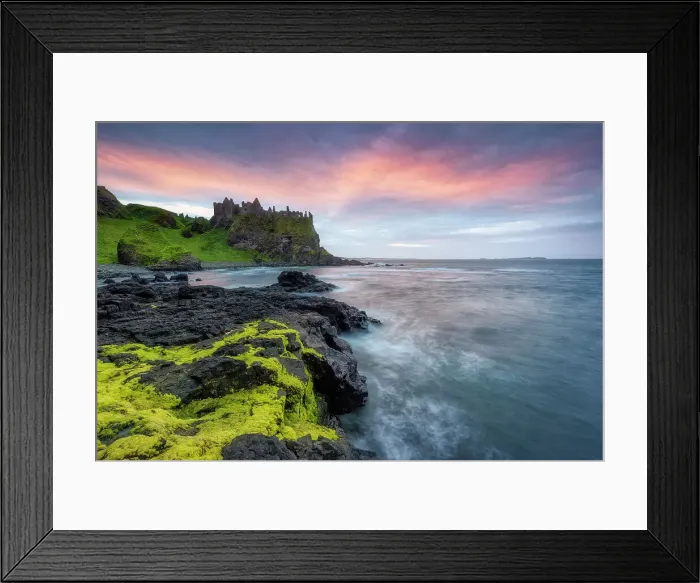 Framed Print : Ruins of Dunluce castle at sunset, Portrush, Bushmills, Giants causeway, Causeway coastel route, north coast of Ireland, Ballycastle, County Antrim, Northern Ireland, UK, Europe Framed Print : Ruins of Dunluce castle at sunset, Portrush, Bushmills, Giants causeway, Causeway coastel route, north coast of Ireland, Ballycastle, County Antrim, Northern Ireland, UK, Europe