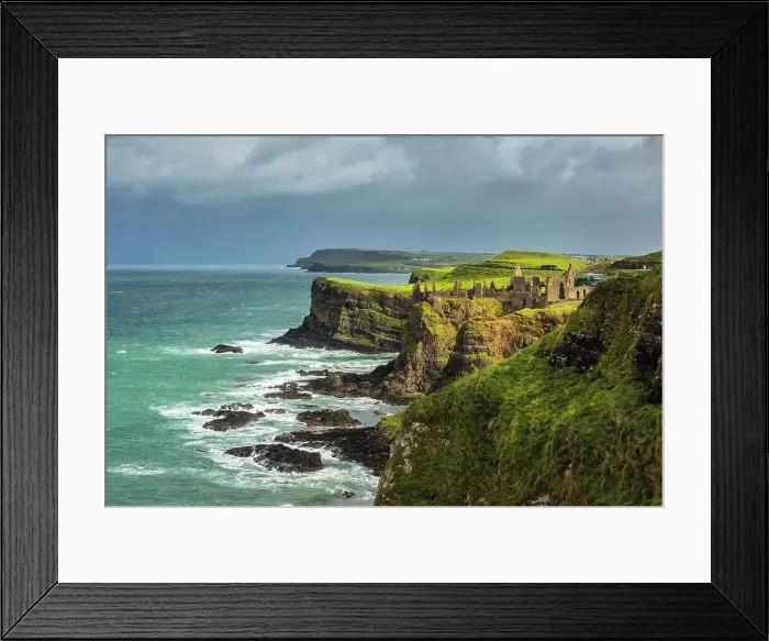 Framed Print : Ruins of Dunluce castle at sunset, Portrush, Bushmills, Giants causeway, Causeway coastel route, north coast of Ireland, Ballycastle, County Antrim, Northern Ireland, UK, Europe Framed Print : Ruins of Dunluce castle at sunset, Portrush, Bushmills, Giants causeway, Causeway coastel route, north coast of Ireland, Ballycastle, County Antrim, Northern Ireland, UK, Europe