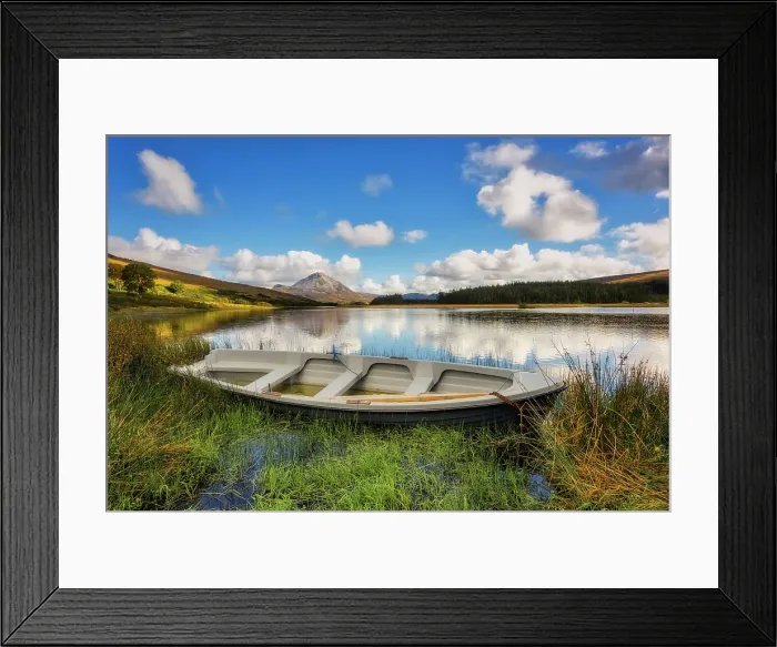 Framed Print : Rowing boat at Lough Dunlewey and Mount Errigal in background, County Donegal, Ulster region, Ireland, Europe
