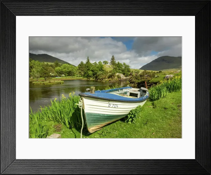 Framed Print : Rowing boat at Bundorragha river in the delphi valley, Connemara Loop, Connemara, Co Mayo, Republic of Ireland, Europe Framed Print : Rowing boat at Bundorragha river in the delphi valley, Connemara Loop, Connemara, Co Mayo, Republic of Ireland, Europe