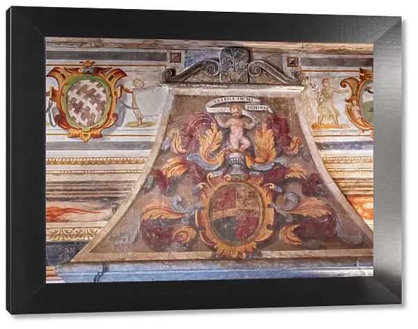 Italy, Lombardy, Bergamo, Urgnano, Fortress, The fresco on the fireplace in the Coat of Arms room