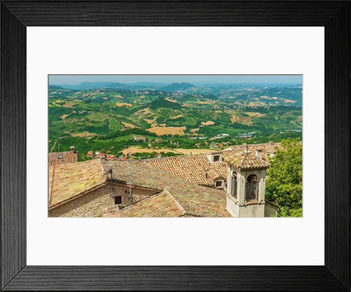 Framed Print : Europe, Republic of San Marino. View from the town towards the surrounding landscape (Italy) Framed Print : Europe, Republic of San Marino. View from the town towards the surrounding landscape (Italy)
