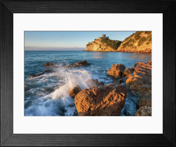Framed Print : Italy, Tuscany, Mediterranean Sea, morning light, castle, near Castiglione della Pescaia Framed Print : Italy, Tuscany, Mediterranean Sea, morning light, castle, near Castiglione della Pescaia