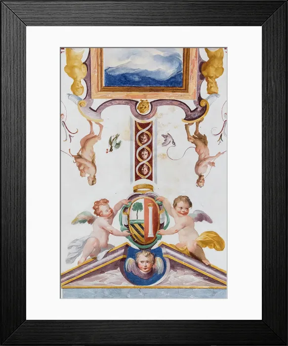 Framed Print : Italy, Umbria, Perugia, Colle Umberto, Villa of the Cardinals Hill, Fresco with the coat of arms of the Cornia-Colonna family in the Marquis Room