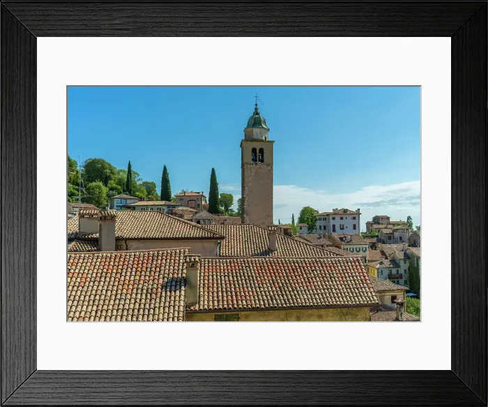 Framed Print : Europe, Italy, Veneto. Asolo, view above the roofs towards the tower of the cathedral Framed Print : Europe, Italy, Veneto. Asolo, view above the roofs towards the tower of the cathedral