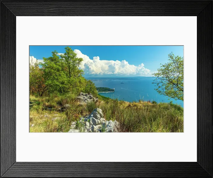 Framed Print : europe, Italy, Friuli Venezia Giulia. View from the hiking path downwards to the Gulf of Trieste