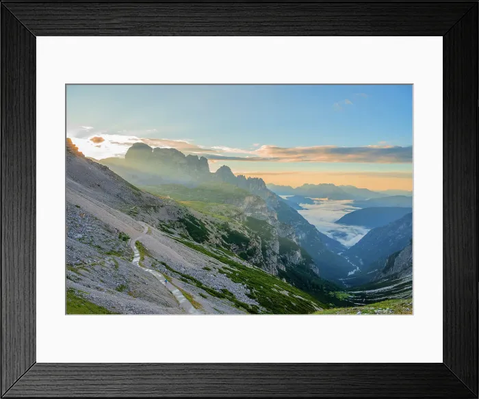 Framed Print : Monrning view at Vallon de Lavaredo and Zwolferkofel, Belluno, Veneto, UNESCO World Heritage, Dolomites, Italy
