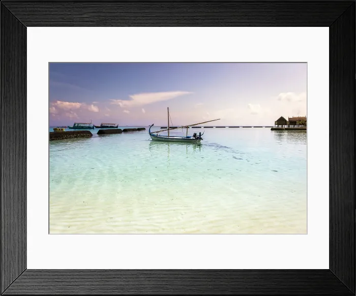 Framed Print : Maldives, Ari Atoll, Constance Moofushi Maldives, A boat in the beach