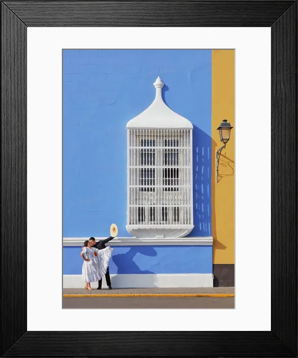 Framed Print : A couple of traditional Marinera'dancers in front of a colonial style window of the Plaza de Armas'in Trujillo, La Libertad, Peru. Marinera is the Peruvian National dance. (MR) Framed Print : A couple of traditional Marinera'dancers in front of a colonial style window of the Plaza de Armas'in Trujillo, La Libertad, Peru. Marinera is the Peruvian National dance. (MR)