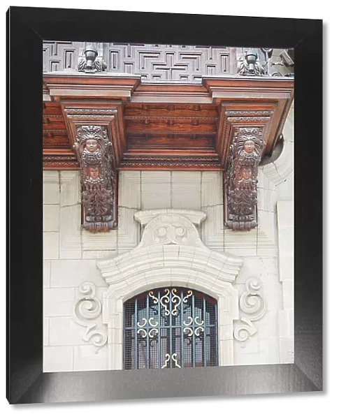 A detail over the main facade of the Archbishops Palace of Lima, Peru. Lima is also known as the 'City of the Kings'and was declared UNESCO World Heritage site in 1988