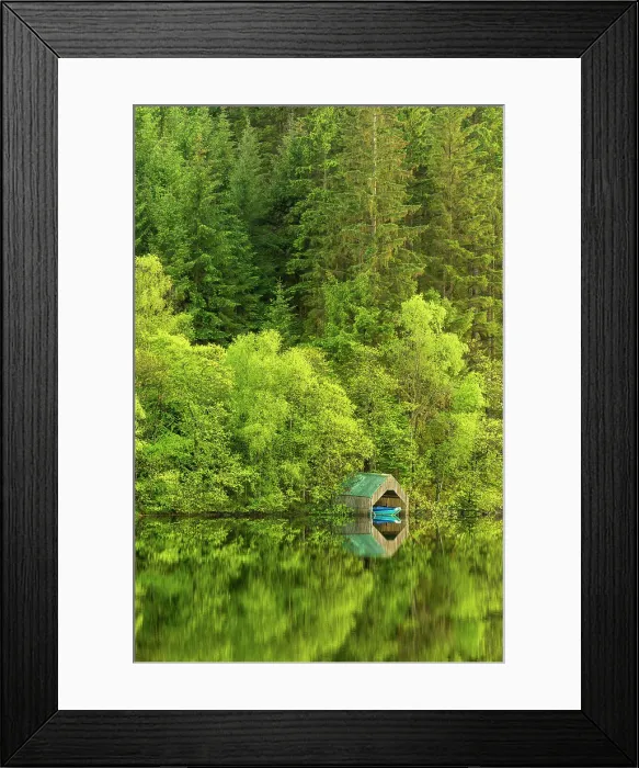 Framed Print : Boat parked in hut amongst trees on shore of Loch Ard, Aberfoyle, Stirling, Perthshire, Scotland, UK Framed Print : Boat parked in hut amongst trees on shore of Loch Ard, Aberfoyle, Stirling, Perthshire, Scotland, UK