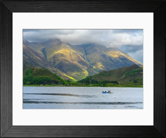Framed Print : Fishing boat against Kintail mountains, Ratagan, Lochalsh, Scottish Highlands, Scotland, UK Framed Print : Fishing boat against Kintail mountains, Ratagan, Lochalsh, Scottish Highlands, Scotland, UK